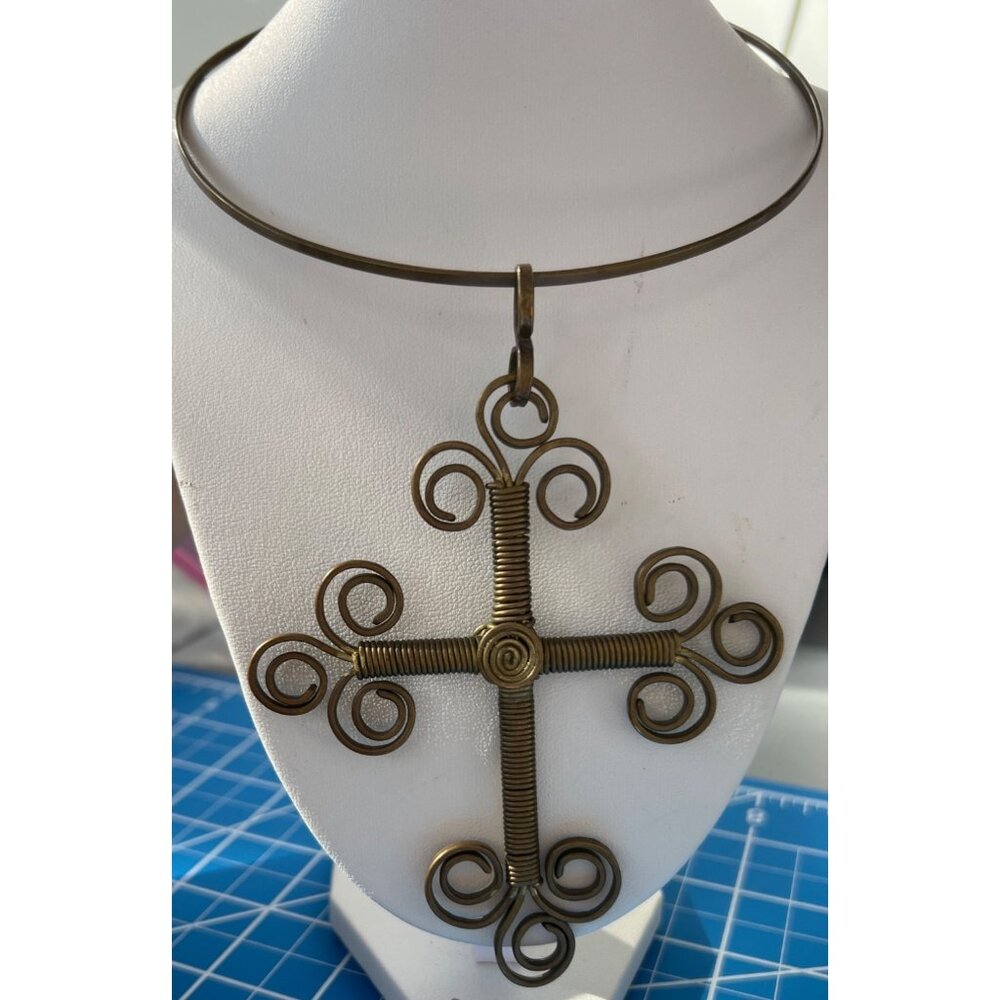 Vintage Copper Brass Torque Necklace Wire Wrapped Cross Pendant Estate